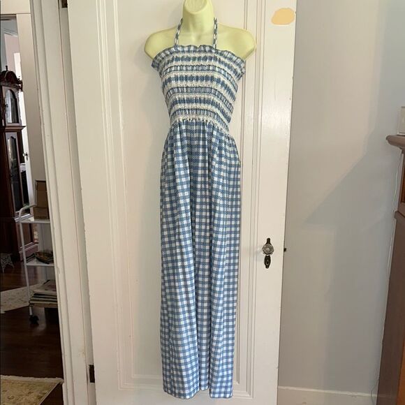 Vintage 70s Teen Girl Blue and White Gingham Halter Smocked Bodice Maxi Dress - Picture 1 of 8